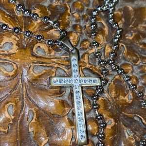 HOLY CROSS PENDANT DIAMOND WHITE GOLD WASH DOG TAG CHAIN TOUGH NEW !!